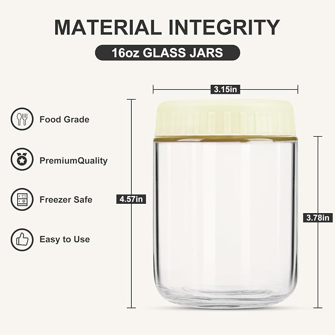 SHOWIN Overnight Oats Containers with Lids, 16oz Glass Jars with Lids 2 pcs, Milk White, Wide Mouth Mason jars for Salad, Yogurt, Snacks, Meal Prep