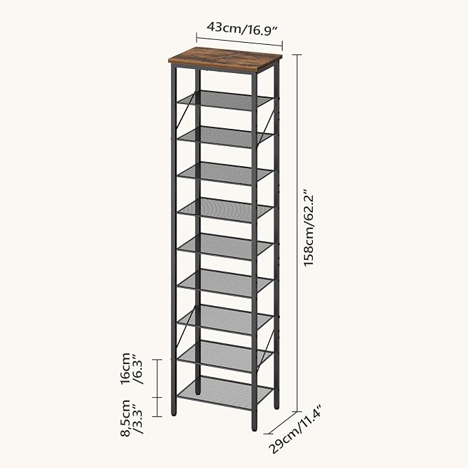 MAHANCRIS 10 Tier Narrow Shoe Rack Organizer, Tall Slim Shoe Storage for Small Space, Holds 10-20 Pairs, Metal Shoe Shelf with Wooden Top for Entryway Closet Bedroom, Rustic Brown and Black SRHR11401