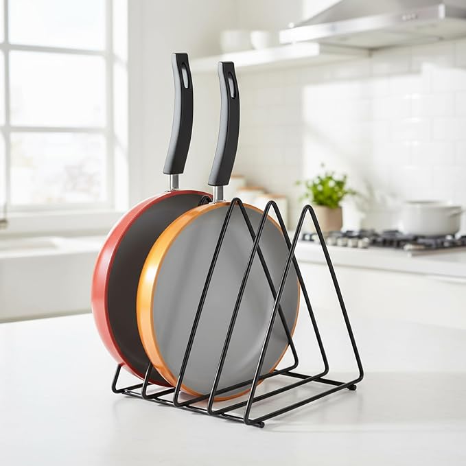 Pots and Pans Organizer 4 Slot Pan Organizers inside Cabinet Cutting Board Holder Sheet Pan Organizer Adjustable Metal Rack for Kitchen Cabinet, Pantry and Countertop Space-Saving Storage