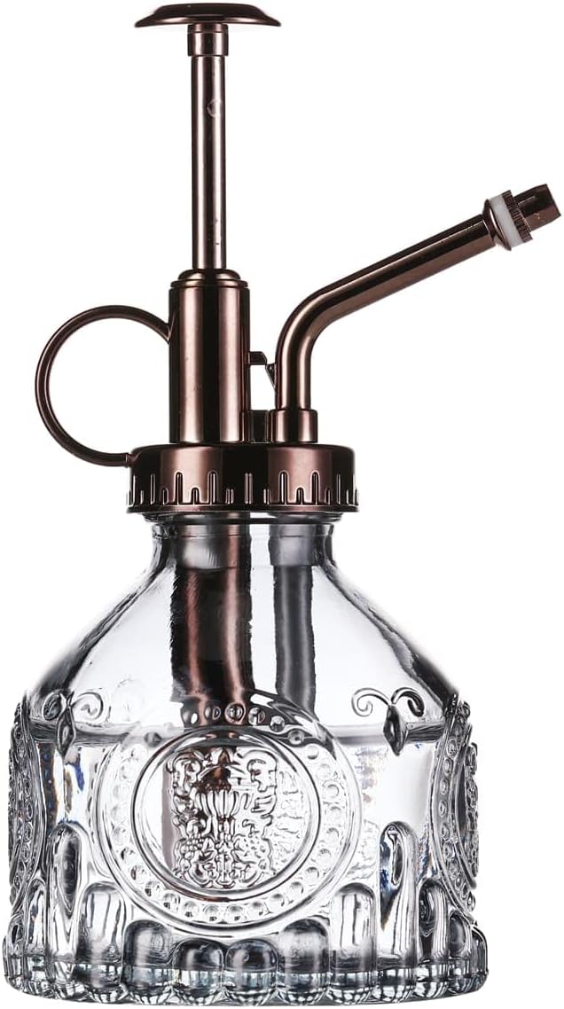Glass Plant Mister - 6.5" Green Glass Water Spray Bottle with Gold Top Pump, Small Plant Sprayer for Indoor/Outdoor House Plants (Gray+Bronze)