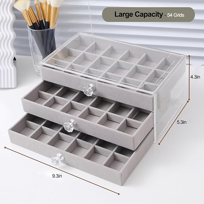 SPAKOWN Earring Box Holder Organizer Display Case, Clear Velvet Jewelry Storage Tray Organizer for Earring Ring Stud (Grey - 3 Drawers)