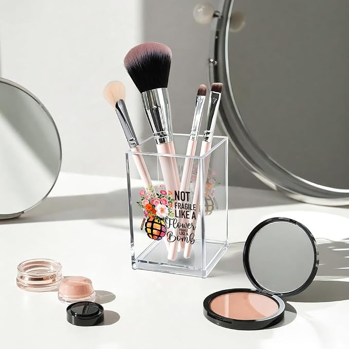 Not Fragile Like a Flower Fragile Like a Bomb Acrylic Cosmetic Pencil Pen Holder Cup, Floral Funny Desk Organizer for Home Office Decor, Feminist RBG Gifts, Strong Women Power Gifts for Girls