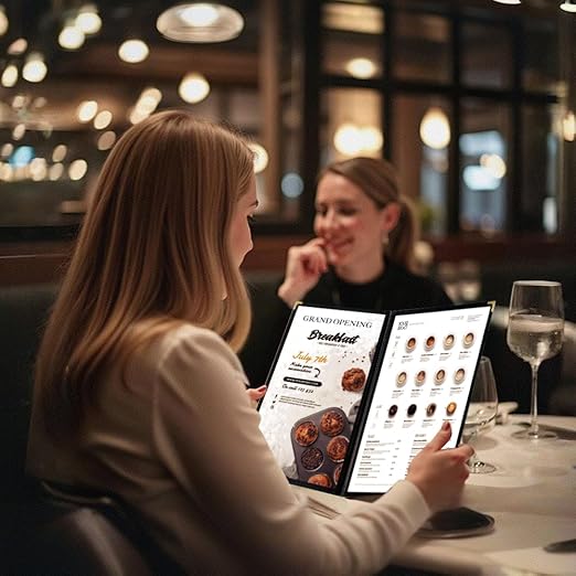 25 Pack Goodsmart Cafe Style Restaurant Menu Cover, 8.5x11 Side-Loading Double Stitched Edge Menu Sleeve, Crystal Clear Vinyl Menu Holder with Gold Decorative Corners (Black, 2 Pages / 4 Views)