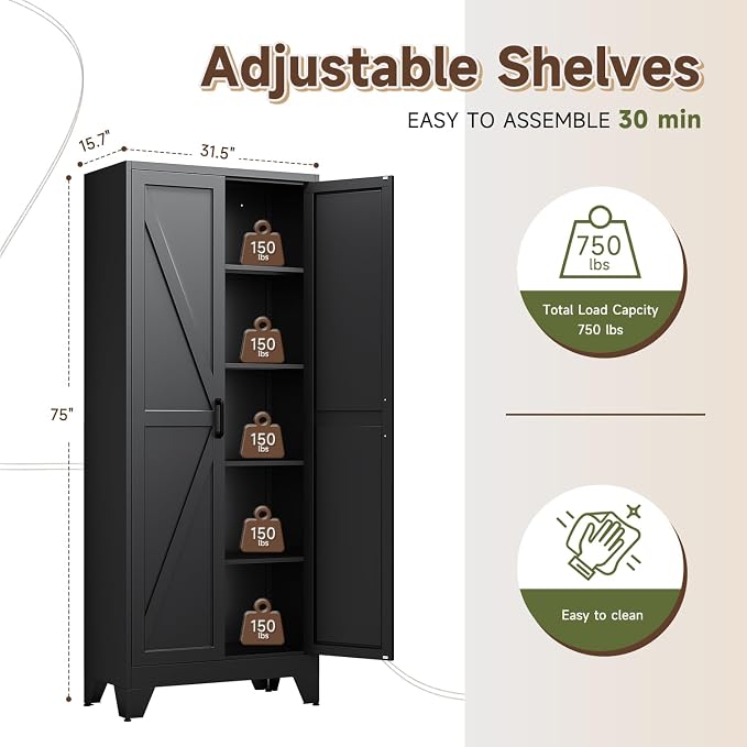 Letaya 75" H Metal Storage Cabinet with 2 Doors and 4 Shelves,Tall Kitchen Pantry Cabinets,Farmhouse Utility Pantry Organizers for Cupboard/Dining/Bathroom/Home Office/Garage Room,Black