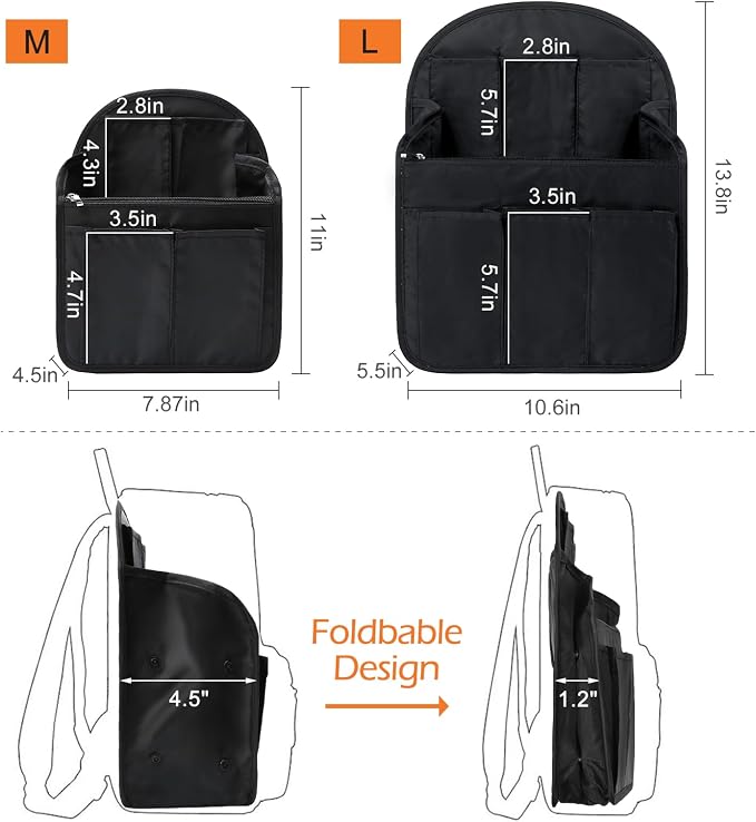 Surblue Backpack Organizer Insert Liner Hanging Travel Rucksack Purse and Handbag Insert Pocket, High-capacity Divider Foldable Nylon Shoulder Bag Organizer for Men and Women, (Black, M)