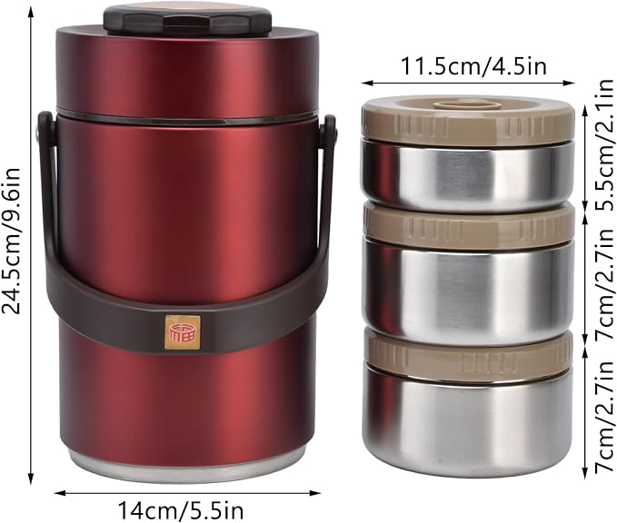 Qiilu Food Flask 2L Termos Para Comida Caliente 24 Horas 304 Stainless Steel 2.3L Vacuum Lunch Box 3 Layers Prevent Leakage Insulated Container For Work Travel (Red)
