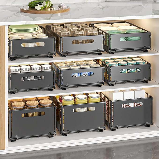 YunNasi Pull Out Cabinet Organizer Slide Out Drawer Storage Shelves Cupboard Organiser Sliding Cabinet Basket for Kitchen No Drilling and Nailing (Black, 2Piece 9.8" W X15 D X 7.5" H)