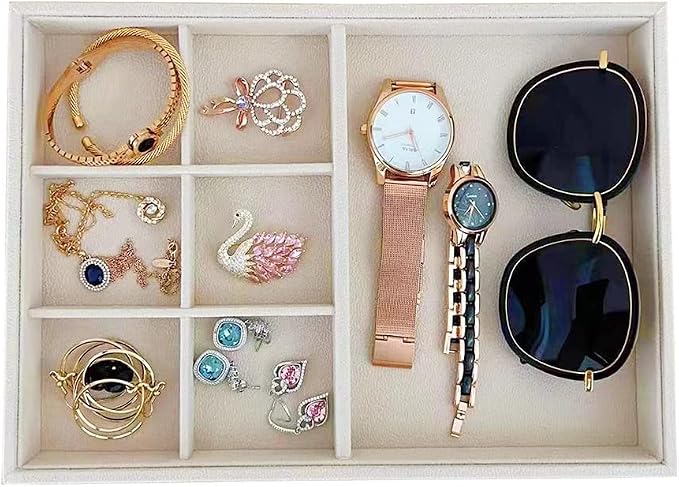 Premium Grade Beige Velvet Jewelry Organization Tray Multifunction 6 Grid Open Tray Drawer Insert Closet Divider Stackable Organizer