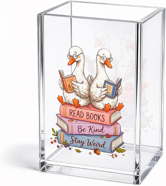 Funny Read Books Be Kind Stay Weird Acrylic Pencil Holder Cup | Goose Bookmark Holder for Librarian Teacher Reader Bookish Bookworm Book Club, Inspirational Desk Organizer for Book Lover