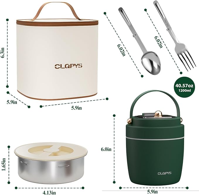 40oz Stainless Steel Vacuum Insulated Food Jar for Adults Wide Mouth Lunch Container with Spoon Fork and Carrying Bag Leak-Proof Soup Thermo Bento Box for Hot Food and Cold Food | Office, Travel Green