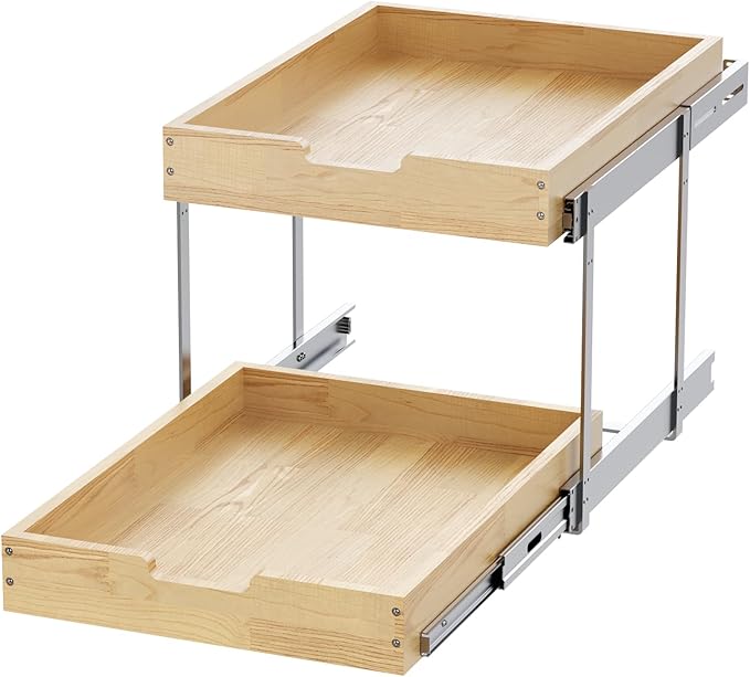 Sikarou Wood Pull Out Cabinet Organizer 2 Tie 11" W x 21" D for 12" Cabinet Opening, Heavy-Duty Sliding Drawers for Inside Cabinets Storage and Organization for Kitchen, Pantry, Bathroom