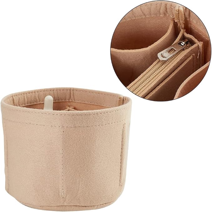WADORN Small Felt Purse Organizer Insert, Handbag Insert Liner for LV Cannes Round Bucket Bag Organizer Barrel Bags Interior Inserts Accessories for Bucket Makeup Bag, 5.11x4.65 In, Beige