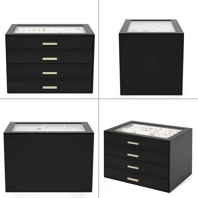 AKOZLIN Jewelry Box with Clear Lid Functional Leather Jewelry Storage Organizer Case 4 Drawers for Women Girls Necklace Ring Bracelet Earring