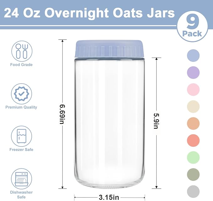 Overnight Oats Containers with Lids, 24oz Wide Mouth Mason Jars with Lids, 9 Pack Glass Jars with Airtight lid for Chia Pudding Yogurt Salad, Meal Prer Oatmeal Jars