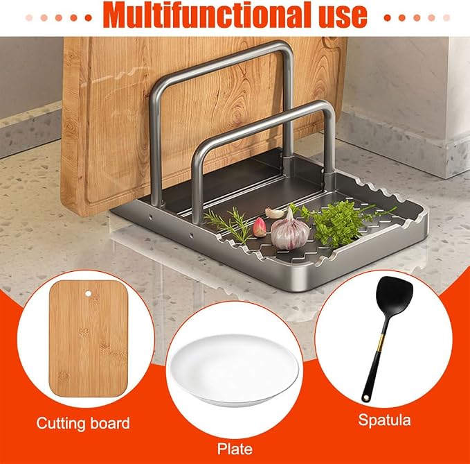 MiOYOOW Pot Lid Holder, Chopping Board Rack with Spoon Rest Non-Slip Pan Organiser for Baking Tray Cookware Kitchen Barbecue