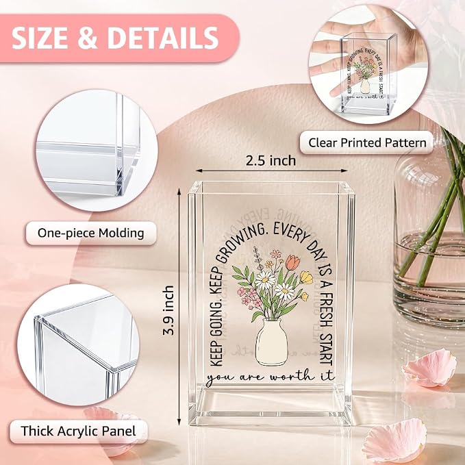 Funny Keep Going Keep Growing Acrylic Pencil Holder Cup | Floral Motivational Pen Holder, Inspirational Gifts for Women Girls, Positive Encouragement Gifts for Friends Coworkers Her