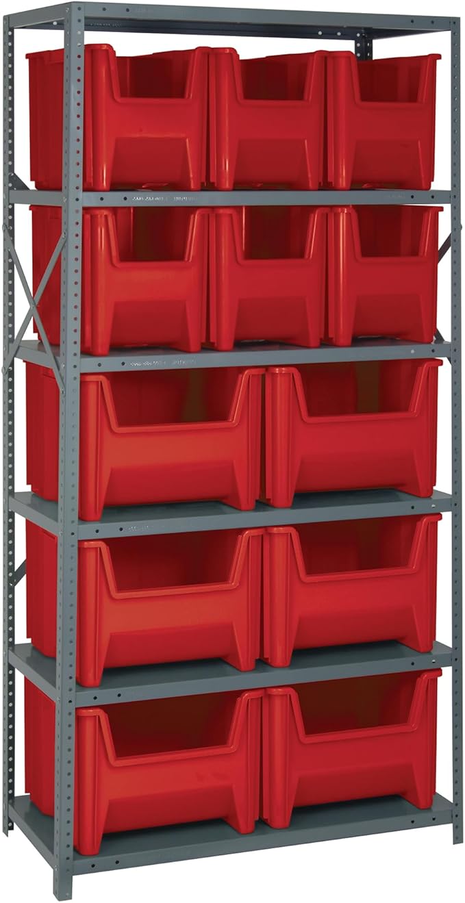 Quantum Storage Systems QSBU-600800RD Solid Heavy Duty 6 Shelves 12 Giant Stack Red Bins 75" H x 36" W x 18" D