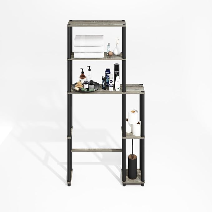 Furinno Turn-N-Tube Over The Toilet Storage, 5-Shelf Over The Toilet Organizer, Freestanding Space Saver Bathroom Shelf, for Bathroom Organizers and Storage, Grey Oak