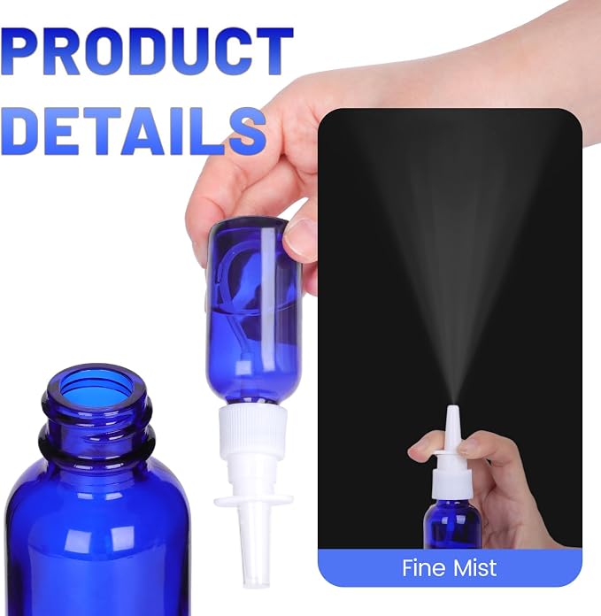 1 oz Empty Nasal Spray Bottles 10 Pack, Blue Glass Refillable Sprayers | Leakproof & Durable for Saline, Essential Oils, Sinus Relief, Allergy Care,Travel,Home Use, Includes Dropper & Labels
