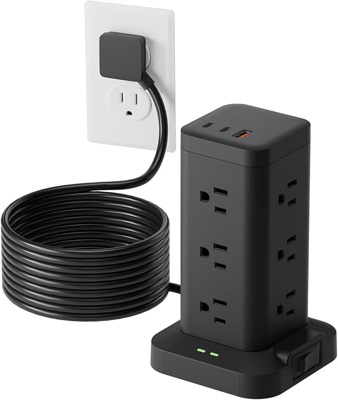 Power Strip Tower with Surge Protector 1800J, Fast Charging Tower PD20W USB-C Ports with 12 AC Outlets, Extension Cord for Home Office Dorm Room, 10ft, Black