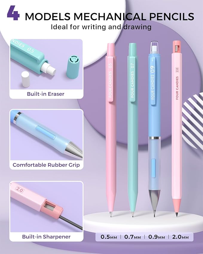 Four Candies 36PCS Aesthetic School Supplies, Mechanical Pencil Set 0.5mm, 0.7mm, 0.9mm & 2.0mm with 624 Lead Refills, Back to School Supplies for Writing & Drawing, Ideal Stationary Set Gift (Green)