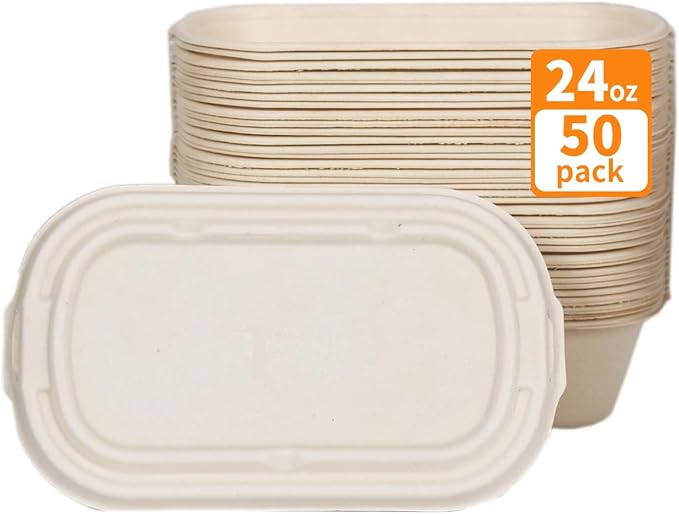 50Pcs(24oz) Disposable Meal Prep Food Containers with Lids | Lunch Salads Microwaveable and Freezable Compostable Safe Non Plastic Food Storage，Biodegradable Take Out Food Bento Boxes.