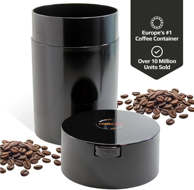 COFFEEVAC 1 LB Airtight Coffee Bean Storage Container, Patented Vacuum Seal, Coffee Grounds Container, 1.85L, Smell Proof, Black Cap and Body