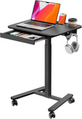 Small Mobile Standing Desk with Drawer, 23.6" x 19.7" Top | Height Adjustable Rolling Teacher Desk with Cup Holder and Hooks, Portable Workstation on Wheels for Classroom & Study, Black