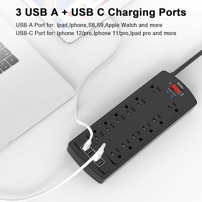 6 Feet Extension Cord Power Strip, Yintar Surge Protector with 12 AC Outlets and 4 USB Ports, 2700 Joules, ETL Listed, Black