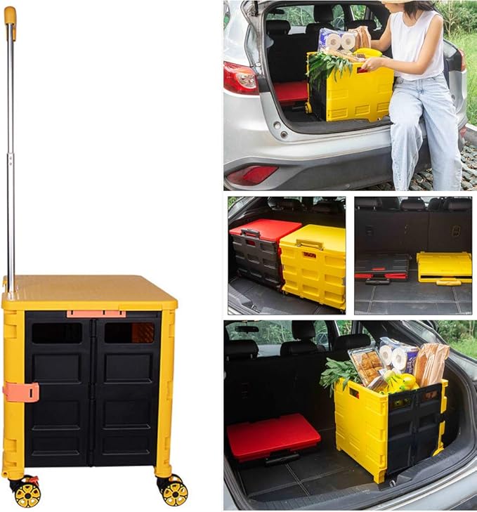 Foldable Utility Cart Folding Portable Rolling Crate Handcart Shopping Trolley Wheel Box with Lid Wear-Resistant Noiseless 360°Rotate Wheel for Travel Shopping Moving Storage Office Use (Yellow)