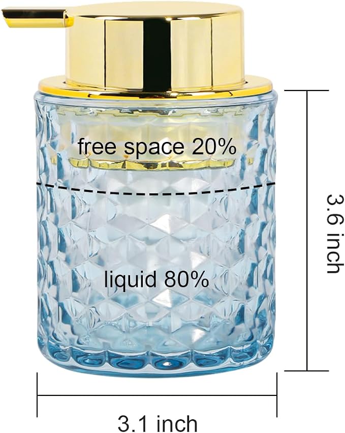 10 Oz Glass Hand Soap Dispenser with Pump, Refillable Bathroom Gold Foaming Soap Dispenser, Vintage Glass Diamond Lotion Container Bottle for Bathroom and Kitchen (1, Blue and Gold)