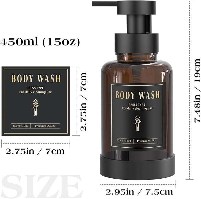 Luxspire Foaming Soap Dispenser, Glass Foam Pump Soap Dispenser, Non-Slip Hand Soap Bottle with 5 Waterproof Labels, 15 Oz Refillable Liquid Soap Bottle for Bathroom & Kitchen, Amber, 1 Pack