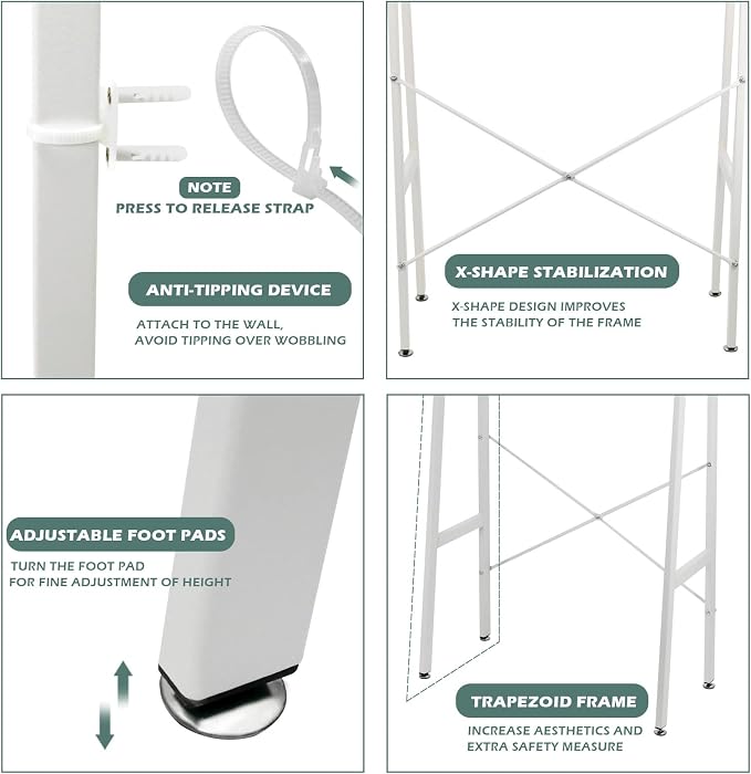 SUNTAGE Over Toilet Storage Cabinet Organizer for Bathroom, Over Toilet Shelf, Freestanding Space Saver with Adjustable Shelves, Acrylic Sliding Door, Wide Open Shelf, 2 Hooks, Classic White