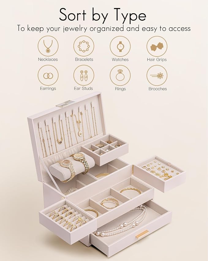 VLANDO 3 Layer Jewelry Box - Women Jewelry Box with Retractable Tray - Jewelry Organizers with Drawer for Necklaces, Rings, Bracelets, Earrings, Gift for Couples Mom Girls - Pink