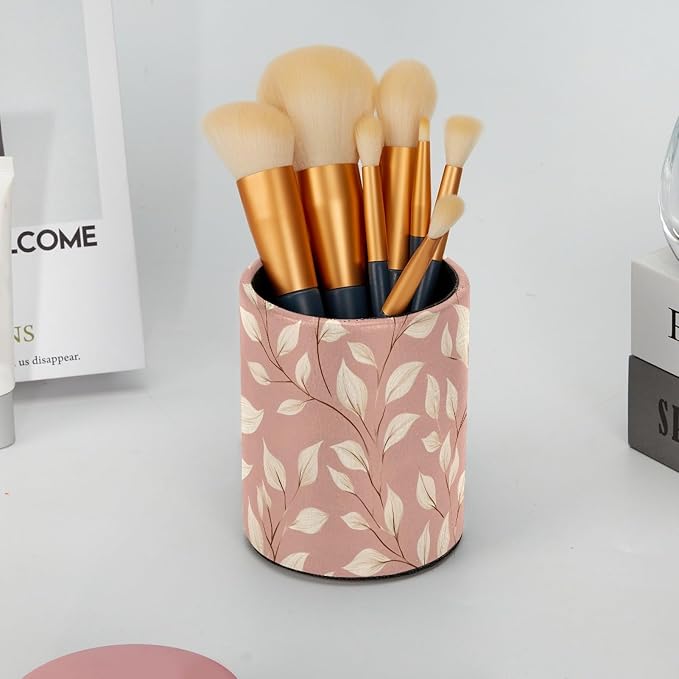 Cute Pink and White Leaves Desk Pen Organizer, Pen Cup Makeup Brush Holders Pencil Holder for Desk, Desktop Supplies & Accessories Workspace Organizers for Office Home School Art Supply