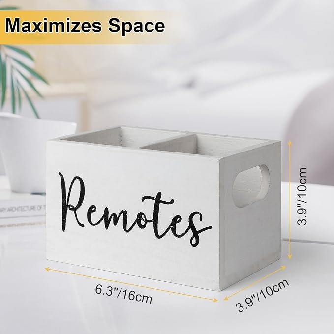 Remote Control Holder, Wooden TV Remote Holder for Table, Remote Caddy Organizer with 2 Compartments, Media Storage Box for Nightstand, Couch (White)