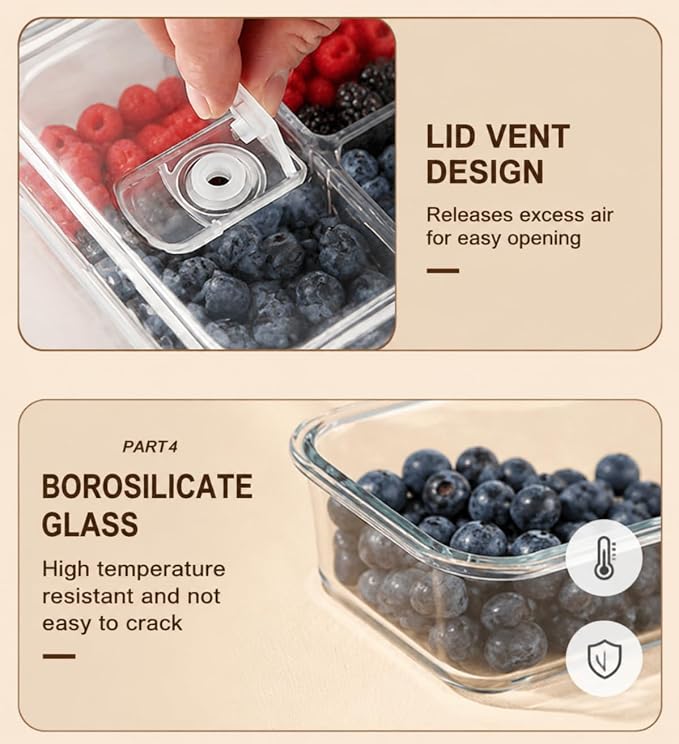Glass Berry Container for Fridge, 3 Pack, 56oz 35oz 25oz, with Removable Colander and Vent Valve, Fresh Produce Storage Set(White)