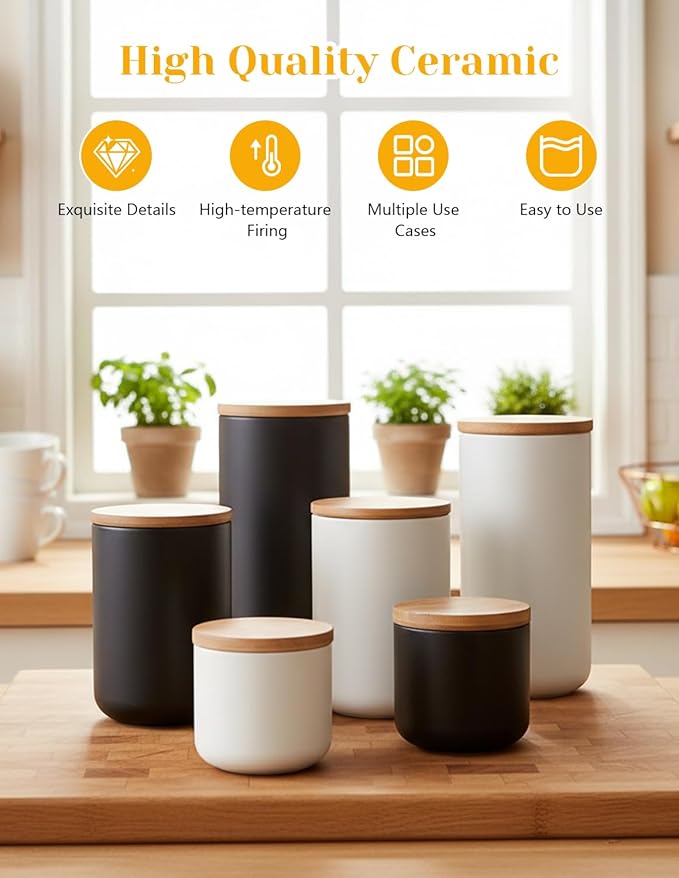 Ceramics Food Storage Jar Canister with Airtight Seal Bamboo Lid, Simple Style Kitchen Canister for Food Storage, Store Coffee, Sugar, Tea, Spices and More (Black (27.05oz/800ml))