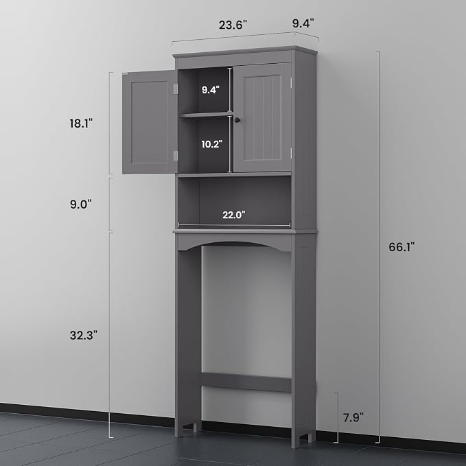 Bealife Over The Toilet Storage Cabinet with Open Shelf - Grey | Over Toilet Bathroom Organizer with Adjustable Shelf and Double Doors, Space Saver Free Standing Storage Shelf for Bathroom