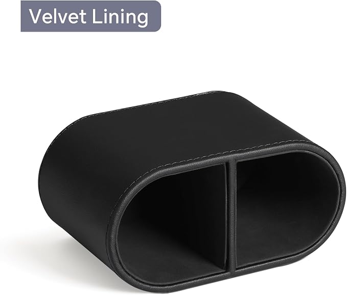 Pen Holder for Desk, Small Remote Control Holder, Black | 2-Compartment Oval Pencil Cup with Soft Velvet Lining, PU Leather Desktop Organizer Caddy for Home School Office Desk