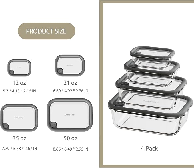 Glass Food Storage Containers with Silicone Glass Lids, Stainless Steel Salad Dressing Containers, LeakProof Food Containers Set, 4-pack 12-21-35-50 oz（Grey）