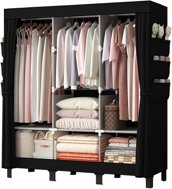 Portable Closet, 51.18" Large Capacity Clothing Storage Organizer with 3 Hanging Rods 6 Shelves 18 Side Pockets, Dustproof Sturdy Wardrobe for Bedroom Dorm Rental Apartment(Black, Large)