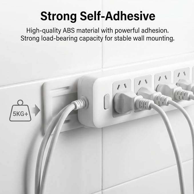 Power Strip Holder Self Adhesive, 8 PCS Power Strip Wall Mount Adhesive Punch-Free Socket Holder Desktop Socket Fixer Wall Mounted Cable Management for Kitchen Home Office, Easy to Install (White)