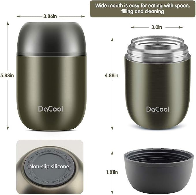 DaCool Food Thermo Insulated Food Jar Lunch Container Vacuum Stainless 16 Ounce Kids Adult Bento Box for Hot Food with Spoon Leak Proof for School Office Picnic Travel Outdoors, BPA free - Gray