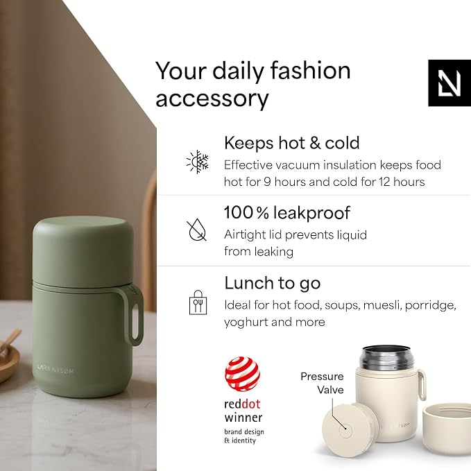 LARS NYSØM Stainless Steel Vacuum Insulated Food Jar - Leakproof Lunch Pot & Lunch Jar for Hot and Cold Food, Wide Mouth, Portable Soup Container for Work & Travel (Cream Beige, 17oz)