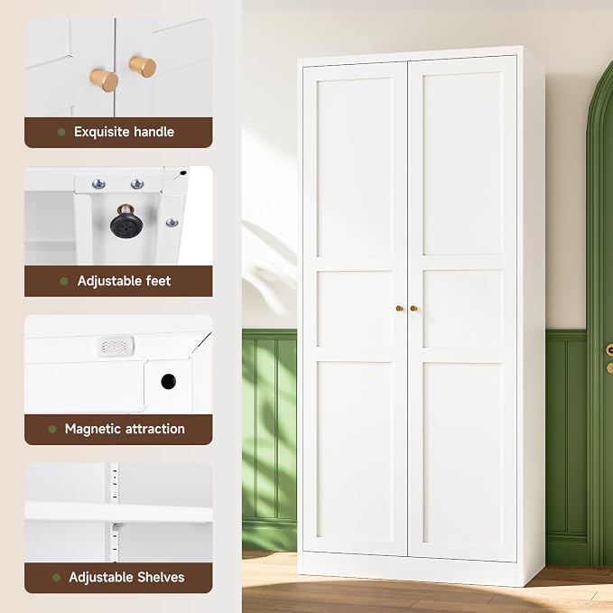 Letaya White Storage Cabinet with Adjustable Shelves-Metal Home Kitchen Pantry Cabinets with Doors,Organization Locker for Cupboard/Bedroom/Dining/Living/Bathroom/Office/Garage Room