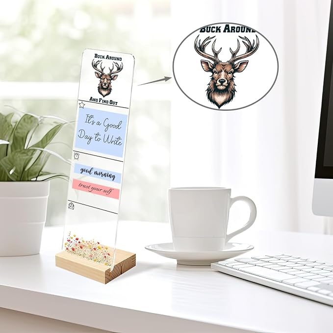 Sticky Note Holder, Monitor Memo Board, Acrylic Post It Note Holder with Wooden Base, Includes 200 Notes, Desk Organizer, Funny Deer Quote “Buck Around and Find Out”
