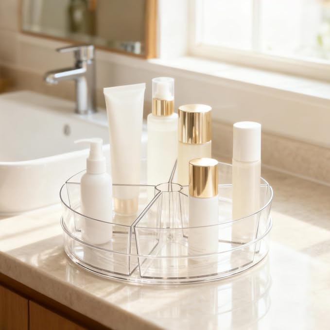 Lazy Susan Organizer, 10.5" Rotating Clear Turntable Organizer with 5 Removable Dividers, for Kitchen, Bathroom, Cabinet, Pantry, Fridge, Vanity - Spinning Storage Container for Spices, Condiments