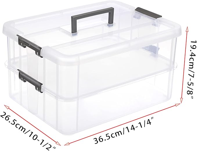 BTSKY 2 Layer Stack & Carry Box, Plastic Multipurpose Portable Storage Container Box Handled Organizer Storage Box for Organizing Stationery, Sewing, Art Craft, Jewelry and Beauty Supplies Dark Grey