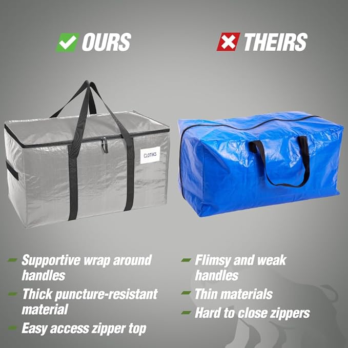 RUGGED RHINO Heavy Duty Extra Large Moving Bags, Durable Bag with Strong Handles and Zipper, Moving Boxes Alternative for College Packing, Holiday Décor, Space Saving Storage with Label, 2 Pack Silver
